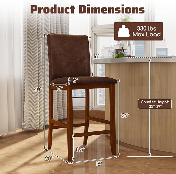 COSTWAY Counter Barstools Set of 4, 26 Inch Counter Height Stools with Upholstered Seat & Backrest, Armless High-Top Chairs with Rubberwood Legs for Kitchen Island, Dining Room, Pub