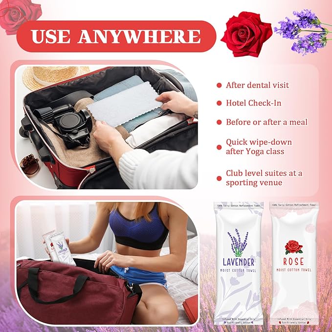 50 Pcs Moist Towelettes Individually Wrapped Scented Disposable Face Towels Essential Oil Infused Moist Terry Cotton Towel for Use Hot or Cold Travel Body Spa (Rose, Lavender)