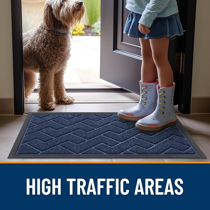 OLANLY Front Door Mat Indoor Outdoor Entrance, Waterproof All-Season, All-Weather Doormat, Sturdy Natural Rubber, Low Profile, Easy Clean Patio Porch Entryway Mat, Herringbone Brick (Blue, 71x23)