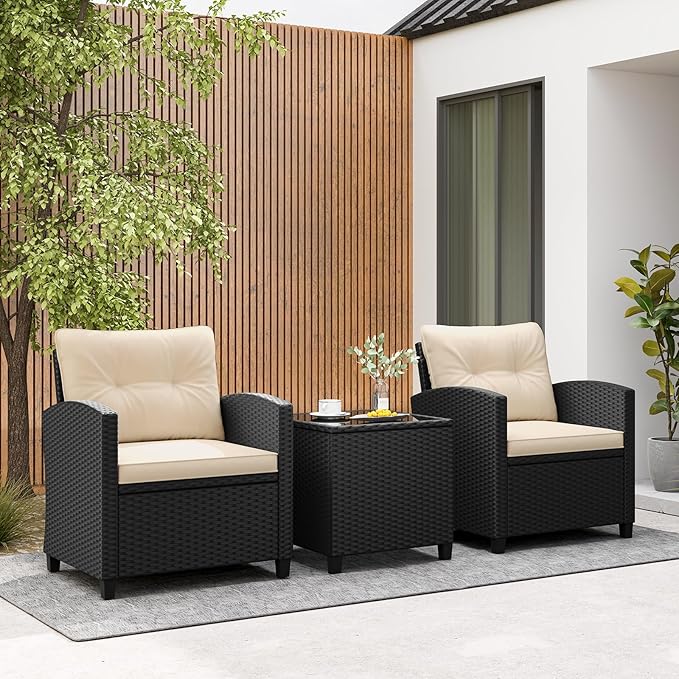 Tangkula 3 Piece Patio Furniture Set, Rattan Conversation Set w/Soft Seat & Back Cushions, Tempered Glass Topped Coffee Table, Cushioned Wicker Seating Set for Backyard, Porch, Poolside (Beige)