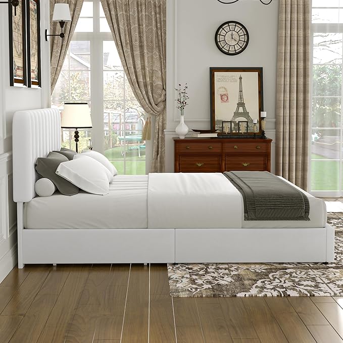 VECELO Full Size Upholstered Bed Frame with 4 Drawers and Headboard, Velvet Platform Storage Bedframe, Wooden Slats Support, No Box Spring Needed,White