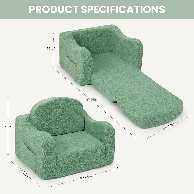 Comfy Toddler Chair & Kids, 2-in-1 Soft Couch Fold Out for Kids, Toddler Chairs Comfy 1-3 Years Old, Convertible Plush Sofa to Lounger for Girls and Boys, Green