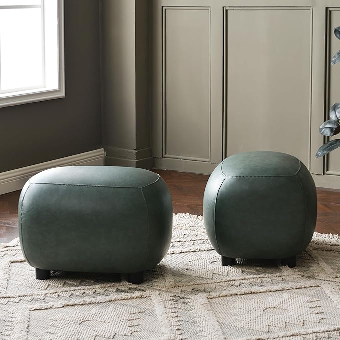 KINWELL 23" Wide Faux Leather Upholstered Ottoman Set of 2, Mid-Century Modern Living Room Footrest with Soft Padded Seat, Footstool for Bedroom, Entryway or Living Room, Green