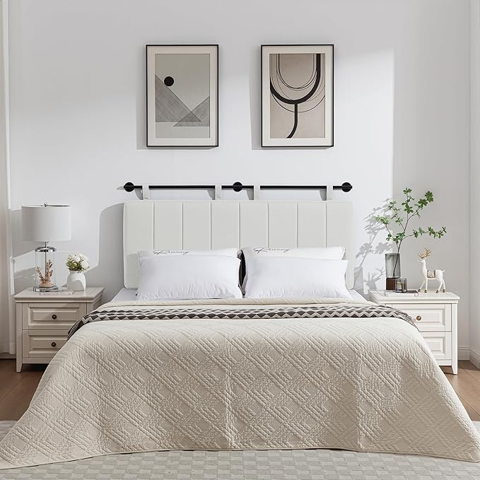 UEV King Headboard Only, Wall Mounted Hanging Upholstered Bed Head Board, Modern Vertical Channel Design of Fine Linen, Elegant Light Yellow Fluted Headboard for Bedroom (Light Yellow, Queen Size)