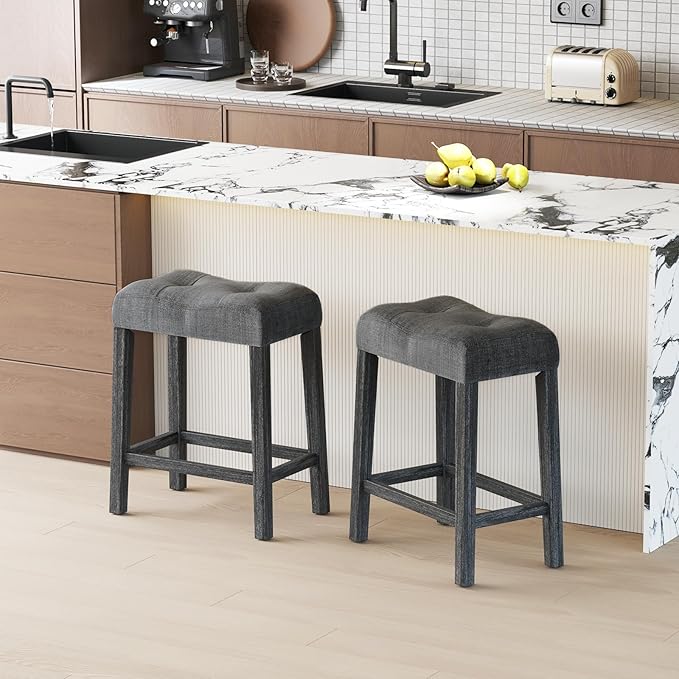 COSTWAY Wooden Saddle Stools Set of 4, 24-inch Counter Height Upholstered Backless Bar Stools with Solid Rubber Wood Legs, Padded Seat, Farmhouse Dining Chairs for Kitchen Island, Cafe, Grey