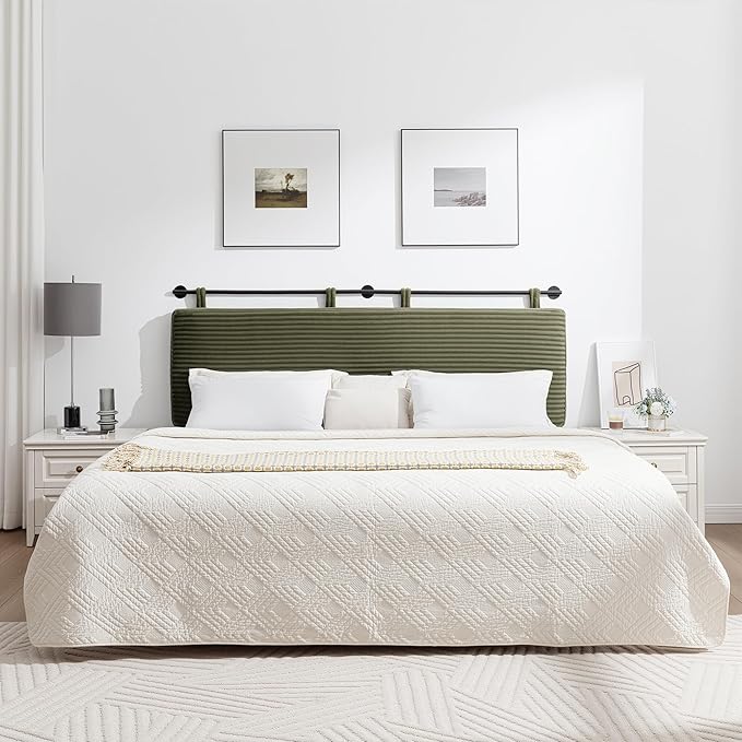 UEV King Headboard Only, Wall Mounted Hanging Upholstered Bed Head Board, Modern Vertical Channel Design of Fine Flannel, Elegant Green Fluted Headboard for Bedroom (Green, King Size)