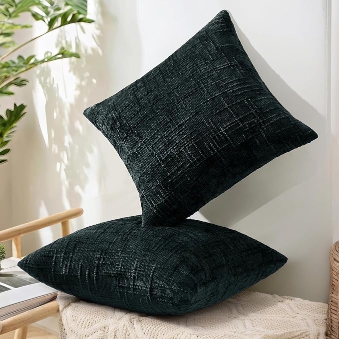 decorUhome Black Chenille Throw Pillow Covers 24x24 Set of 2 Thick Textured Slubby Couch Pillow Covers Farmhouse Accent Modern Neutral Decorative Pillow Cases for Bed Sofa Living Room