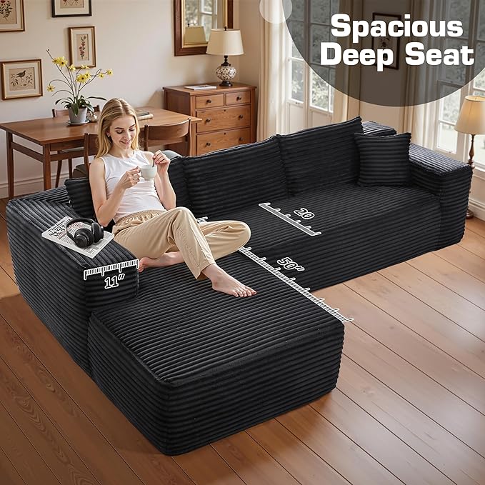 106" Cloud Sectional Couch with Chaise Lounge,L Shaped Modular Modern Sofa,Comfy Corduroy Fluffy Sofa with Deep Seat,No Assembly Required Couch for Living Room(Left,Plush Corduroy,Black)