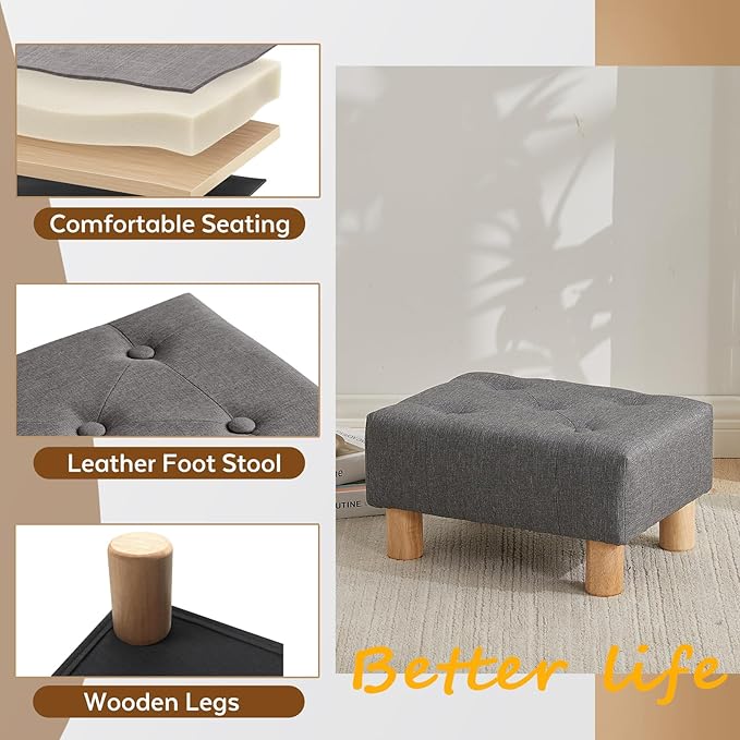 Small Foot Stool Ottoman, Linen Footstool Ottoman Foot Rest for Couch, Rectangle Footstools and Ottomans Small for Living Room, Entryway and Bedroom (Gray)