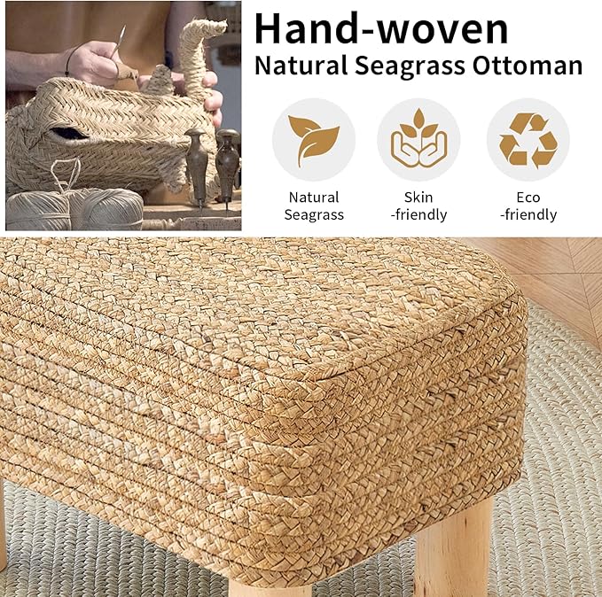Ottoman Foot Stool Rectangular Footrest Natural Seagrass Footstool with Wooden Legs Hand Weave Multifunctional Modern Dressing Stool, Sofa Side Table for Bedroom for Living Room (Nature)