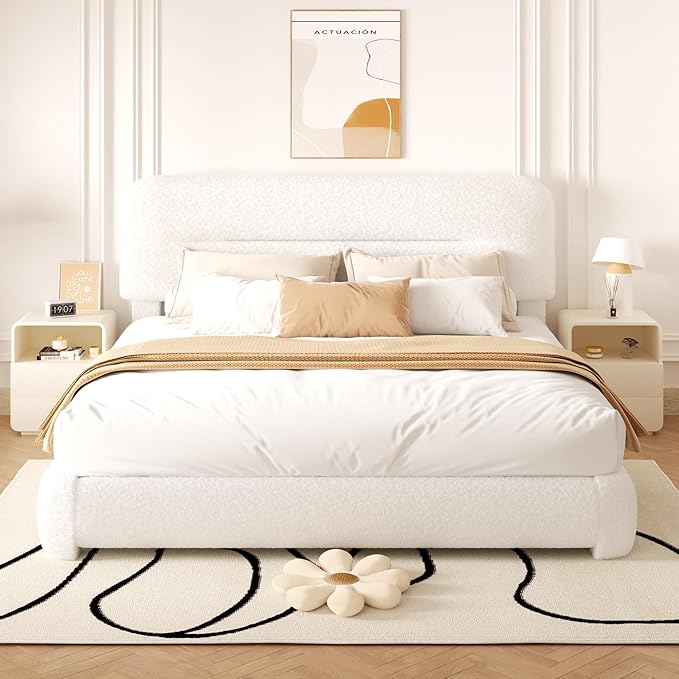 King Size Cloud Bed Frame, Upholstered Boucle Platform Bed with Adjustable Headboard, Anti-Collision Soft Rounded Corners, Noise Free, Easy Assembly, White