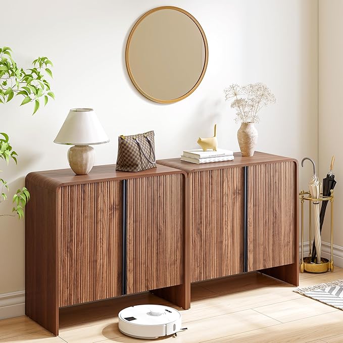 BERRYMERRY 2 Door Fluted Sideboard Buffet Cabinet with Storage, Modern Wood Cabinet with Adjustable Shelves for Living Room, Dining Room (Brown 2 Doors)