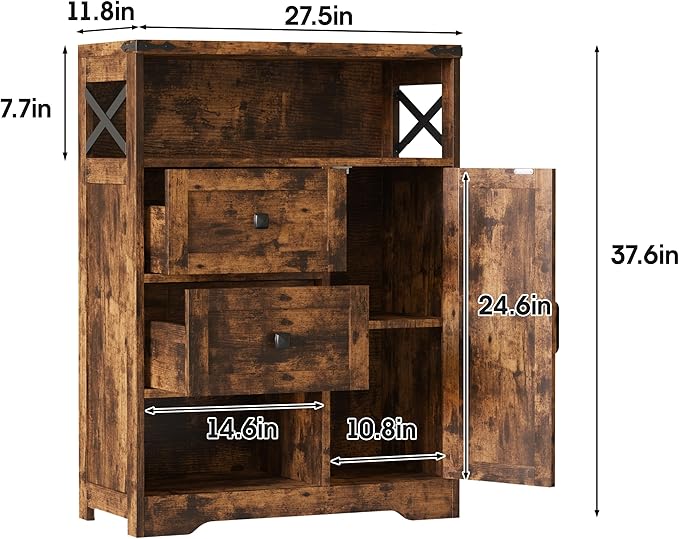 Fameill Farmhouse Storage Cabinet with 2 Drawers & Shelves,Freestanding Kitchen Cabinet with Doors,Floor Storage Organization for Living Room,Bathroom,Laundry,Brown