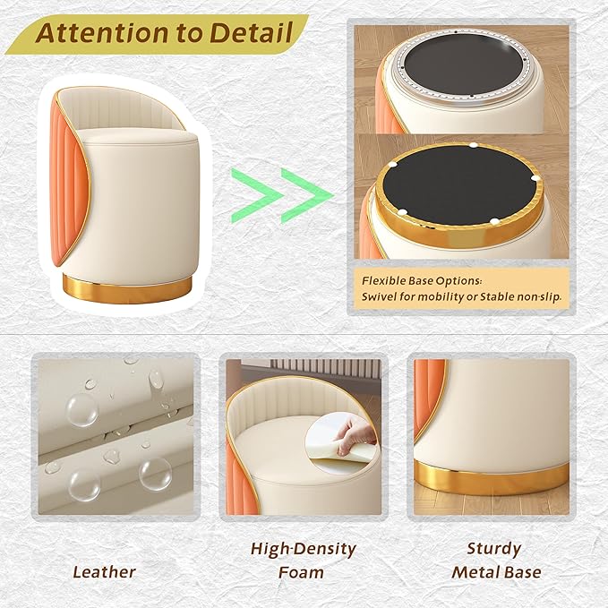 Swivel Round Vanity Stool - with Back Modern Comfy Vanity Chair/upholstered Ottoman Living Room Bedroom Makeup Chair,Off-White