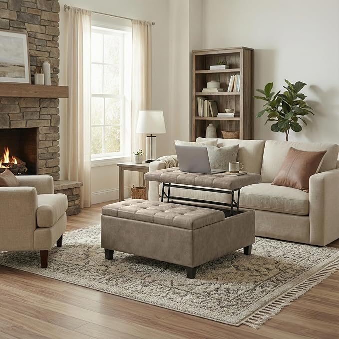 SIMPLIHOME Harrison Coffee Table Storage Ottoman - 36 inch Wide Upholstered Faux Leather Square Lift-Top Ottoman in Distressed Smoky Grey Brown, Transitional Ottoman for Living Room with Storage