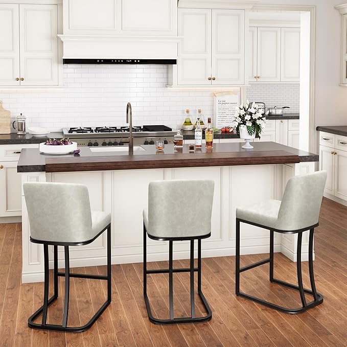 PHI VILLA Light Grey Bar Stools Set of 3, Faux Leather Counter Height Chairs, Kitchen Stools for Island, 24 Inch Barstools with Back