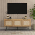 NTC Mossic TV Media Cabinet with 3 Doors for TVs, Entertainment Center with Natural Rattan, Metal Legs, Modern Storage Console for Living Room and Bedroom, Effortless Assembly, Sand