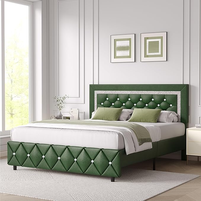 BarnFurin Full Size Bed Frame with Headboard, Faux Leather Upholstered Bed with Diamond Tufted Design, Mordern Bed Frame with Wooden Slats Suppor, No Box Spring Required, Easy Assembly, Green