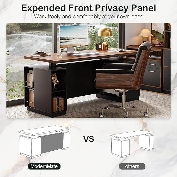 71" Standing Executive Desk with Privacy Panel, Large One-Piece Electric Height Adjustable Stand Up Desk with Charging Station, File Cabinet Storage, Home and Office, Black Walnut