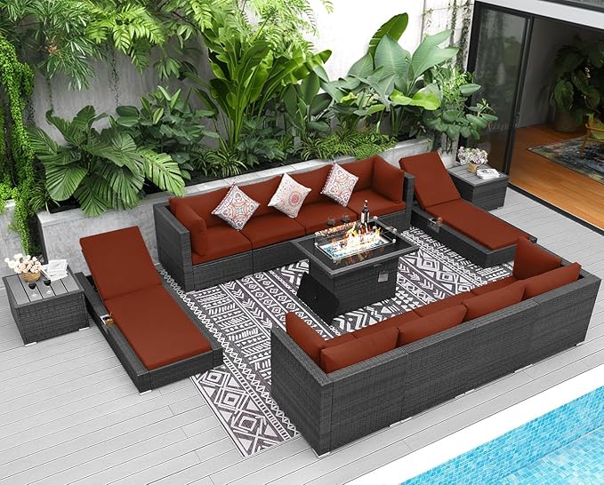 NICESOUL 13 Piece Outside Patio Set with Fire Pit Table, Non-Fading All Weather Deck Furniture Sets with Sun Loungers, Comfy Big Exterior Seat 10-Seater for Garden, Grey Wicker & Burgundy Cushion