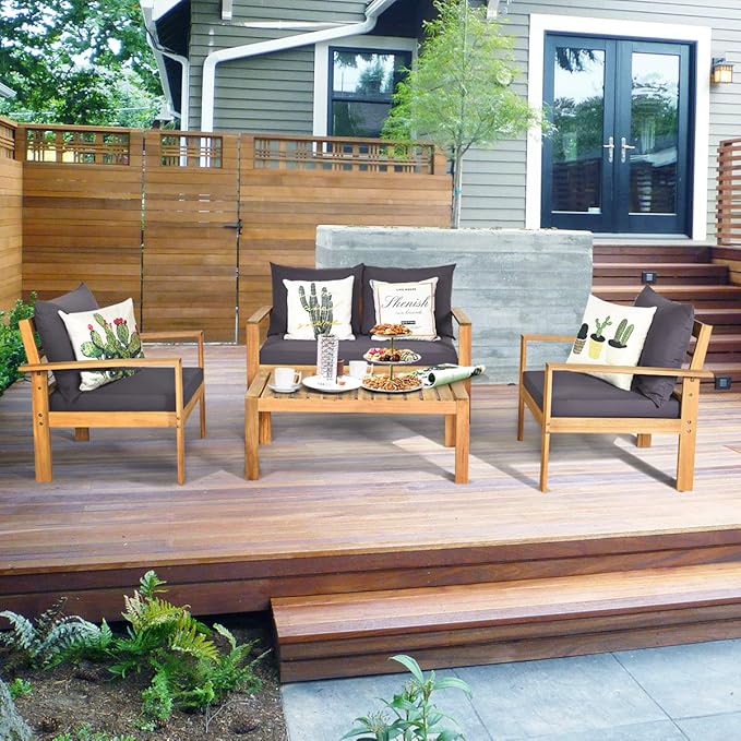 COSTWAY 8 Pieces Outdoor Acacia Wood Sofa Set, Outdoor Conversation Sofa Set with Table & Cushions Porch Chairs for Garden, Patio, Deck