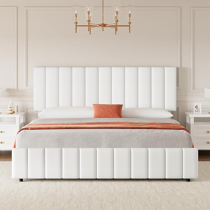 Garvee Queen Size Bed Frame with 4 Storage Drawers, Adjustable Height Headboard, Linen Upholstered Platform Bed Frame, No Box Spring Needed, Easy Assembly, White