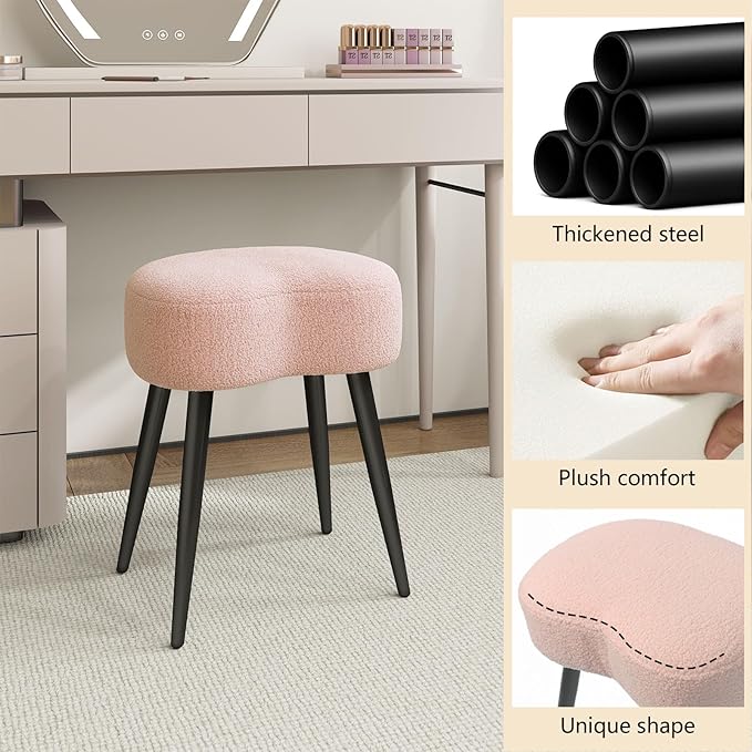 White Vanity Stool, Soft Makeup Stool with Solid Metal Legs for Vanity Corner, Morden Footrest Easy to Assembly (Pink)