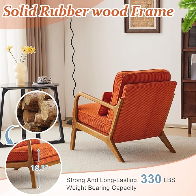VINGLI Upgraded Premium Corduroy Accent Chair,Upholstered Arm Chair,Solid Wood Comfy Reading Chair with Lumbar Pillow, Mid Century Modern Chairs for Living Room,Bedroom,Burnt Orange