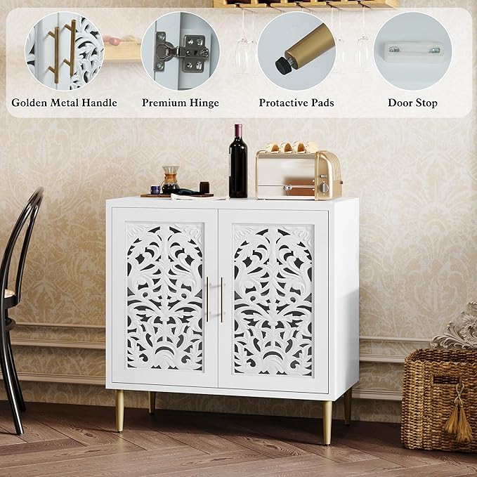 ARTPOWER Accent Cabinet with 2 Doors, Vintage Hollow Carving Buffet Cabinet, Sideboards and Buffets with Storage, Credenza for Living Room, Kitchen, Dining Room, Entryway, Hallway, White
