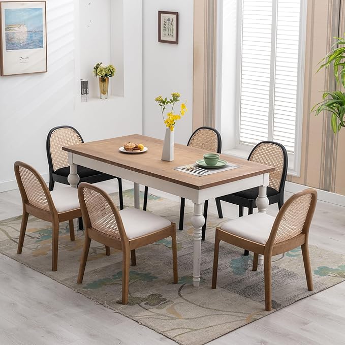 Rattan Dining Chairs Set of 6, Modern Dining Room Chairs with Cane Back Comfy Accent Kitchen Chair Upholstered Linen Fabric Chair for Restaurant/Living Room, Grey