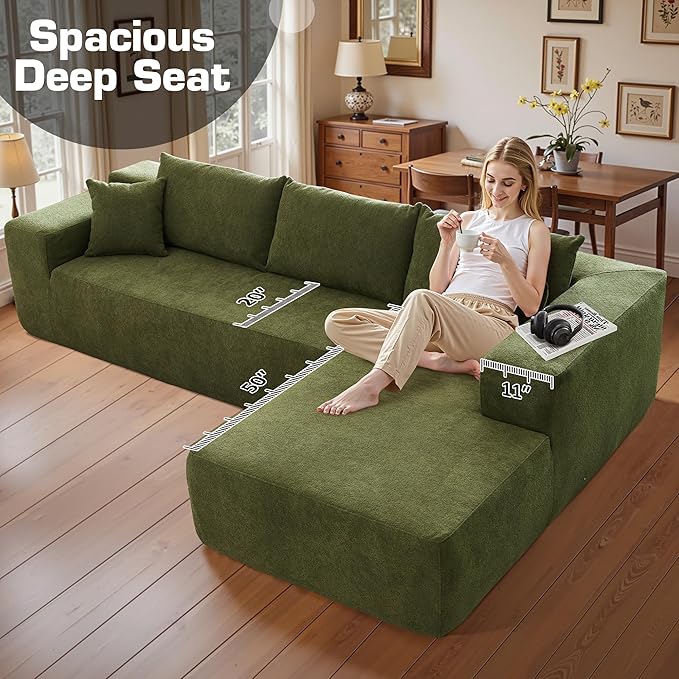106" Cloud Sectional Couch with Chaise Lounge,L Shaped Modular Modern Sofa,Comfy Velvet Fluffy Couches with Deep Seat,No Assembly Required Couch for Living Room (Right,Cloudy Velvet,Green)