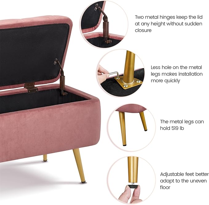 Yaheetech Ottoman with Storage, Velvet Entryway Bench with Safety Hinge, Upholstered Bench with Seating for Bedroom, Living Room, Holds up to 519 lb, Pink