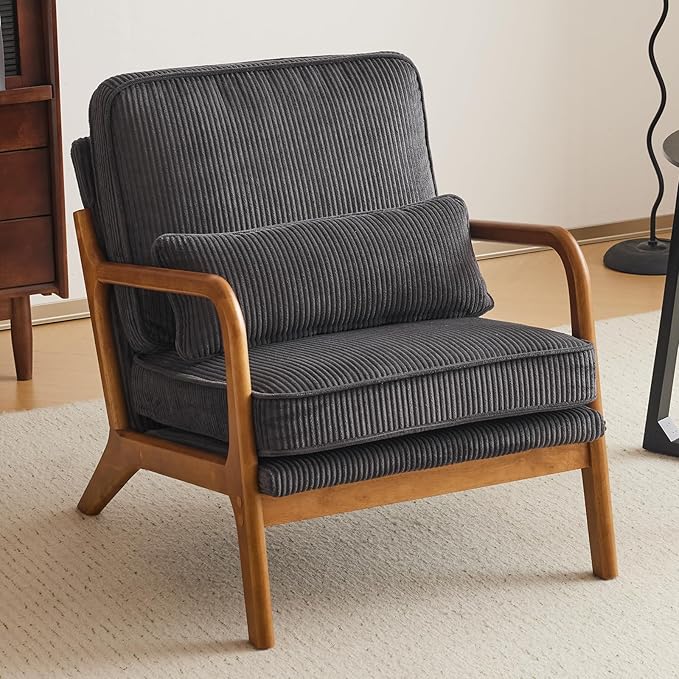 VINGLI Upgraded Premium Corduroy Accent Chair,Upholstered Arm Chair,Solid Wood Comfy Reading Chair with Lumbar Pillow, Mid Century Modern Chairs for Living Room,Bedroom,Dark Grey