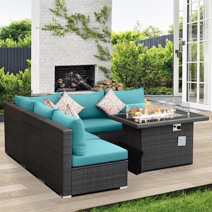 NICESOUL 6 Piece L Shaped Patio Furniture Set with Fire Pit Natural Gas/Propane, 29.3'' High Back Comfy Outdoor Conversations for Outside, Big Size Deep Wide Couches, 2 Color Cushion Turquoise & Grey