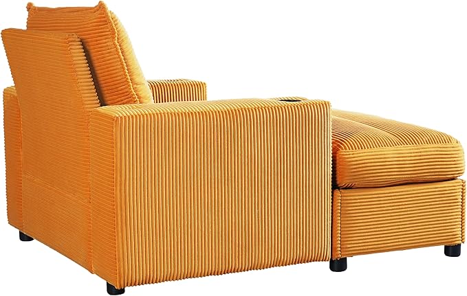 Christopher Knight Home Zoe Oversized Chaise Lounge Chair Indoor with Cup Holders & USB Charging Port, Corduroy Upholstered Sofa Bed + Ottoman with Storage, Comfy Deep Seat Sleeper Sofa Chair, Yellow