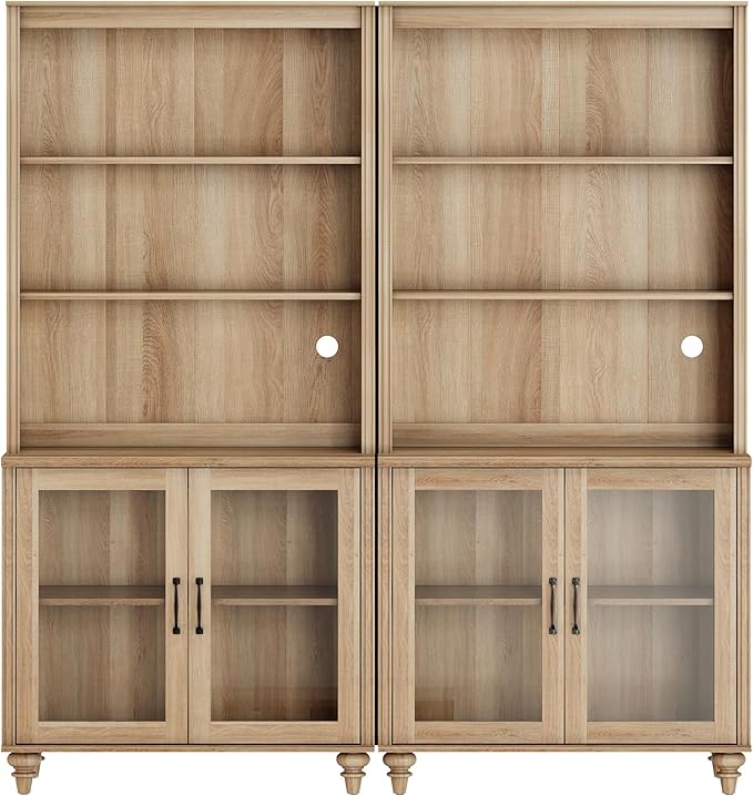 WAMPAT 5 Tier Bookshelf 72" Tall Bookcase with Glass Doors,Large Farmhouse Display Book Shelf with Adjustable Shelves and Storage Cabinet，Library Wood Bookshelves for Living Room,Kitchen, Oak(2PCS)