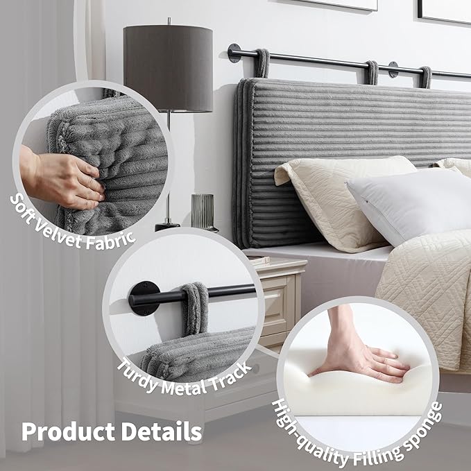 UEV King Headboard Only, Wall Mounted Hanging Upholstered Bed Head Board, Modern Vertical Channel Design of Fine Flannel, Elegant Grey Fluted Headboard for Bedroom (Grey, King Size)