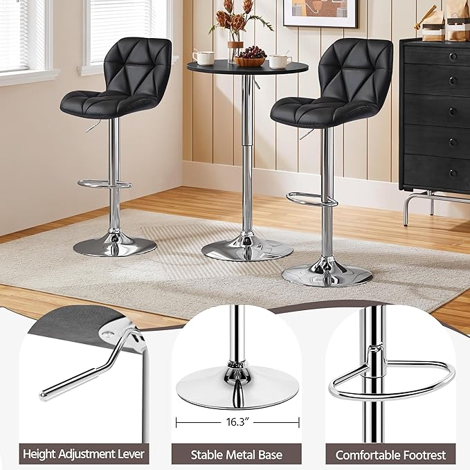 Yaheetech Bar Stools Set of 2, Modern Adjustable Kitchen Island Chairs, Black PU Leather Swivel Counter Stools for Bar, Kitchen Counter, Black