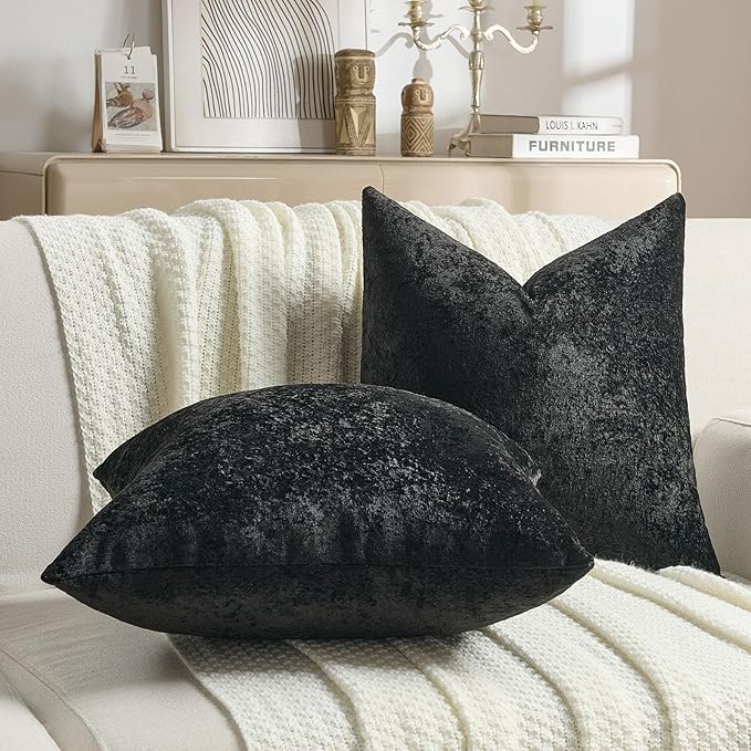 FUTEI Black Flannel Throw Pillow Covers 22x22 Inch Set of 2,Soft Dimensional Textured Cushion Cases,Modern Home Decor for Couch Living Room