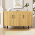 Modern Fluted Natural Storage Cabinet with 3 Doors, Adjustable Shelves, and Metal Legs, Accent Buffet Sideboard for Living Room, Dining Room, Entryway (Natural & Black)