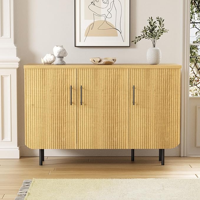 Modern Fluted Natural Storage Cabinet with 3 Doors, Adjustable Shelves, and Metal Legs, Accent Buffet Sideboard for Living Room, Dining Room, Entryway (Natural & Black)