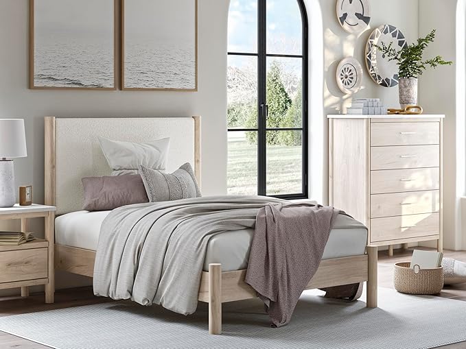 Signature Design by Ashley Cadmori Bohemian 5-Drawer Chest of Drawers with Safety Stop and Post Legs, White & Light Brown