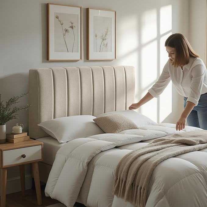 Nestl Upholstered Queen Headboard - Easy Assemble Channel Stitched Headboard Queen Size - Wall Mounted Headboards with 3D Soundproof Wall Panels Peel & Stick Floating Headboards, Beige