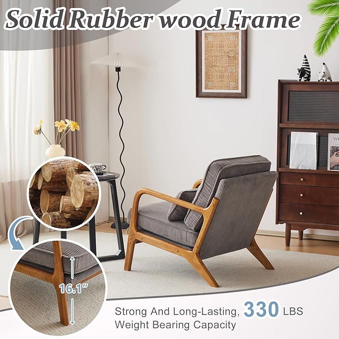 VINGLI Upgraded Premium Corduroy Accent Chair,Upholstered Arm Chair,Solid Wood Comfy Reading Chair with Lumbar Pillow, Mid Century Modern Chairs for Living Room,Bedroom,Guest Room,Light Grey
