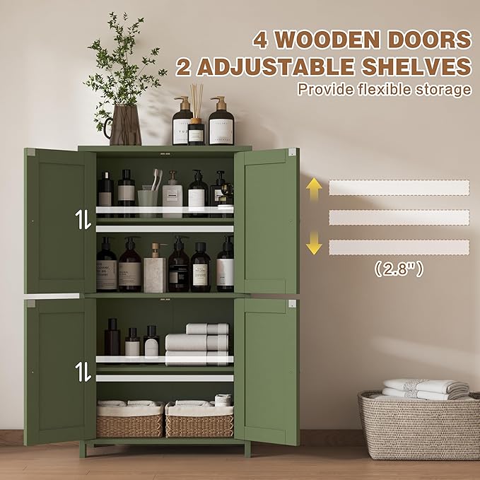 Nuturelly Bathroom Floor Storage Cabinet, Bathroom Organizers and Storage with Top Board & Metal Handles for Kitchen, Green