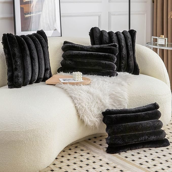 Neelvin Black Faux Fur Cozy Soft Striped Decorative Throw Pillow Covers 16x16 inch Set of 2,Velvet Pillowcase Cushion Case for Sofa Couch