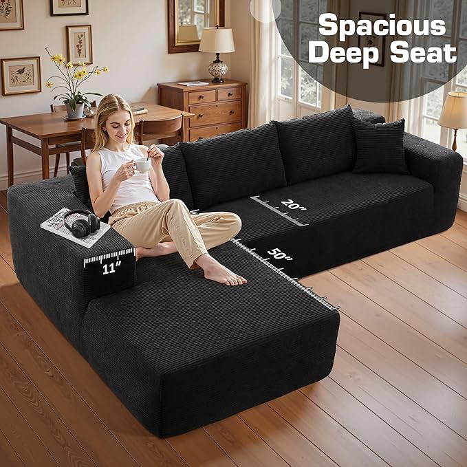 106" Cloud Sectional Couch with Chaise Lounge,L Shaped Modular Modern Sofa,Comfy Corduroy Fluffy Sofa with Deep Seat,No Assembly Required Couch for Living Room(Left,Stripe Corduroy,Black)