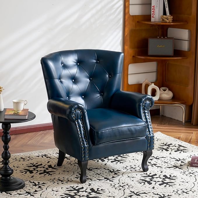 MOJAY PU Leather Accent Chair Set of 2, Mid-Century Modern Armchair Living Room Club Chair with Tufted Button & Rivet Trim, Upholstered Sofa Chair with Sturdy Wood Legs for Bedroom (Navy)