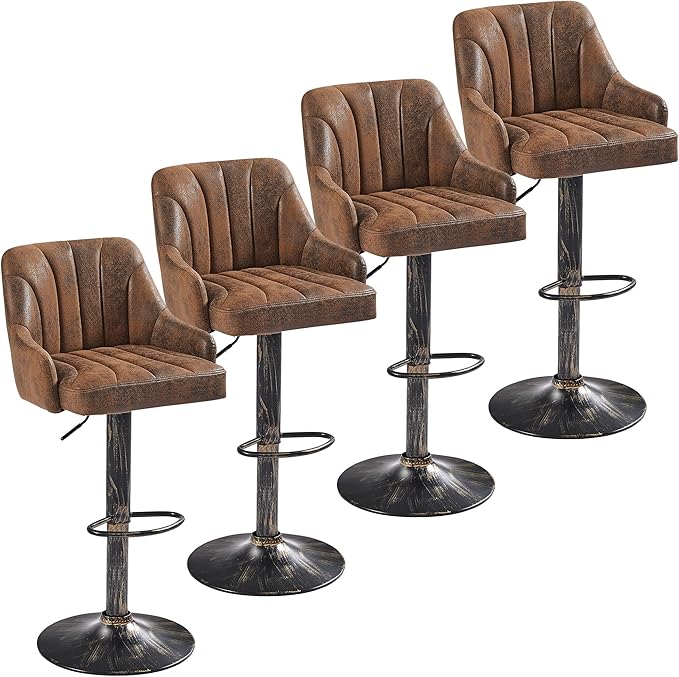 VECELO Bar Stools Set of 4, Adjustable Barstools, Counter Height Stools with Back and Arm, Kitchen Island Stools, Swivel PU Chairs for Pub, Dining Room, Industrial Style, Dark Brown