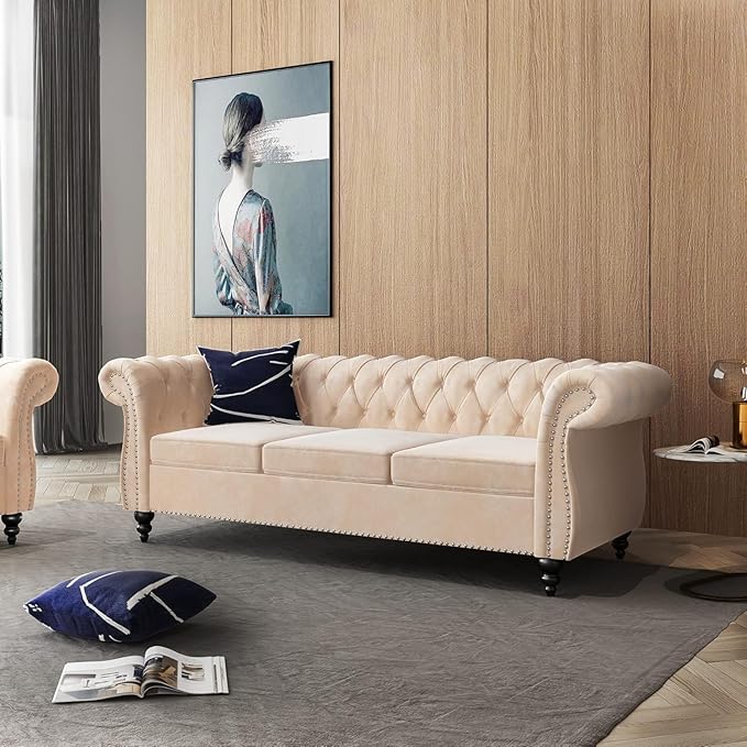 Chesterfield 3 Seater Sofa, Modern Velvet Tufted Couch 3 Seater with Rolled Arms and Nailhead Mid-Century Upholstered Couch for Living Room, Bedroom, Apartment and Office, Beige